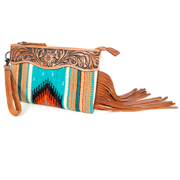 American Darling ADBG344TANE Wristlet Hand Tooled Saddle Blanket Genuine Leather Women Bag Western Handbag Purse